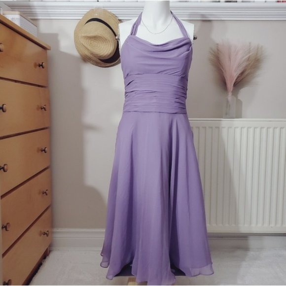 Jasmine Boutique- Lilac Halter Ruched Flowy Midi Mesh Dress - Picture 1 of 16